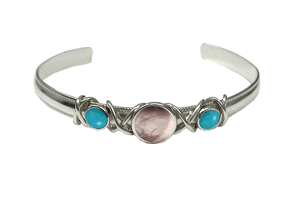 Sterling Silver Hand Made Cuff Bracelet With Rose Quartz And Turquoise